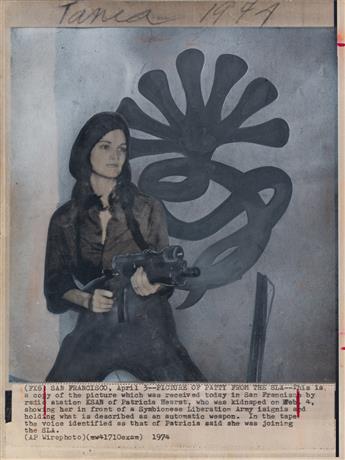 (SLA & PATTY HEARST) Two press photographs of Patty Hearst, one from the Symbionese Liberation Army and the other during her trial.